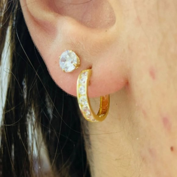 2 Pairs Earrings Stud Huggies Hoop Earrings for WOMENS 10K Yellow Gold CZ Stones - Picture 2 of 5